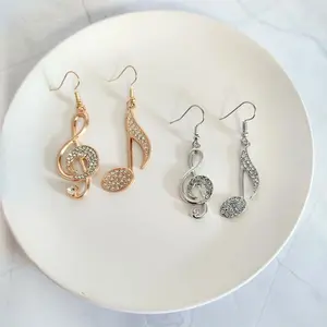 #398 Asymmetrical Music Notes with Rhinestones Earrings, Casual, Music, School, Teacher, Copper