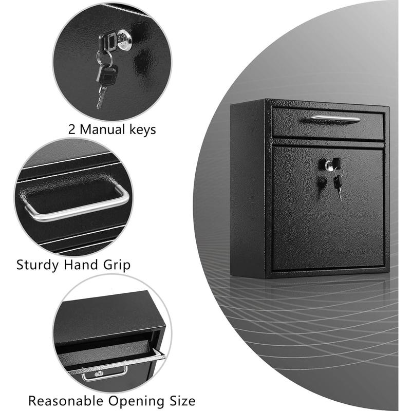 Steel Mailbox Wall Mount, Medium Locking Mailbox with Key Lock, Lock Mail Boxes for Outside,  Key Drop Box, Collection Boxes, 13.4H x 11.6L x 5.6W Inches, Black, Large