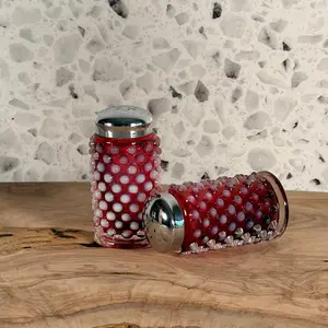 Vintage MCM Fenton Cranberry Opalescent Hobnail Salt and Pepper Shakers