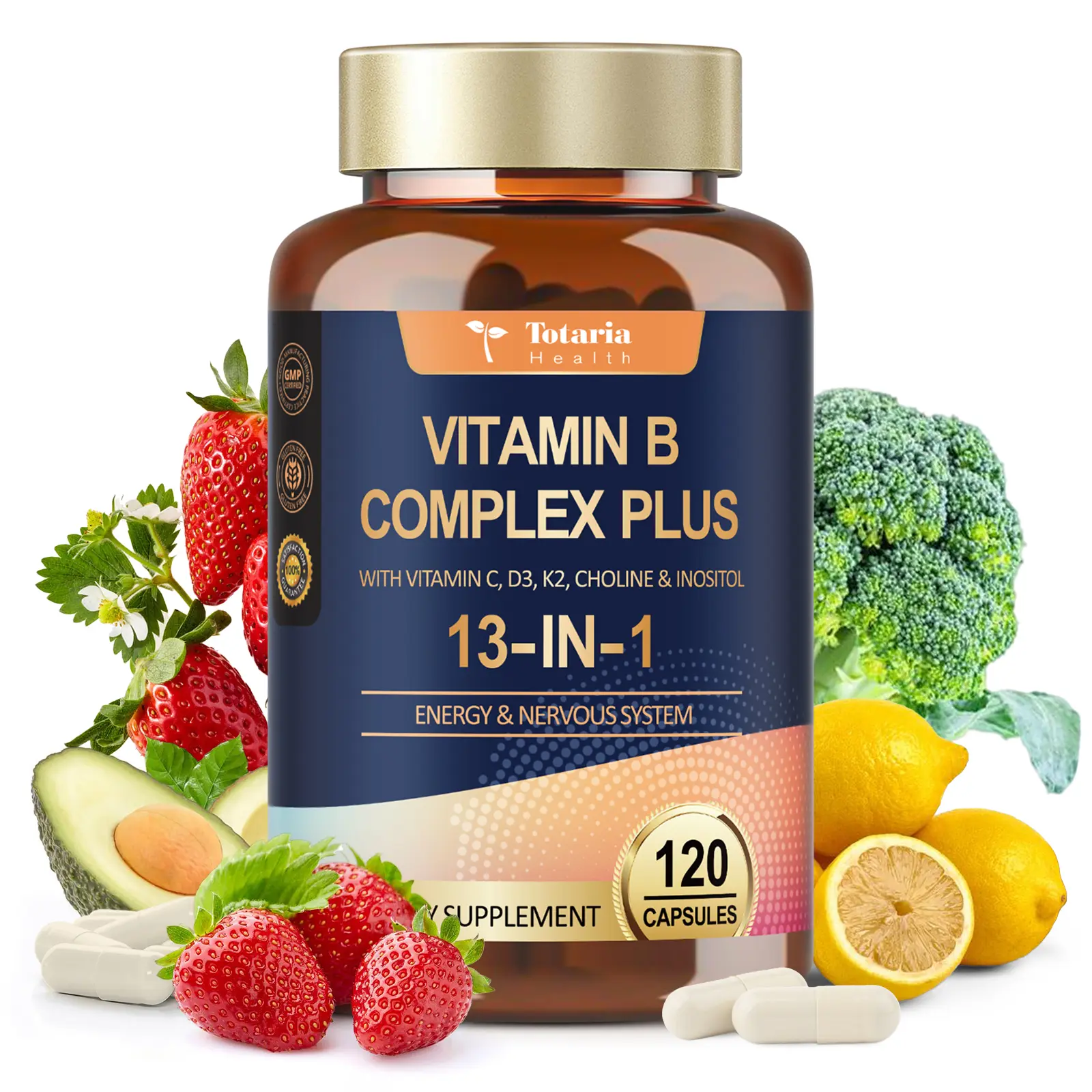 Totaria 13-in-1 Vitamin B Complex Plus with Vitamin B1, B2, B3 (Niacinamide), B4, B5, B6, B7 (Biotin), B8 (Inositol), B9 (Folate), B12, C, D3, K2 - Energy, Nerve, Immune, Skin Support - 120 Vegan Capsules,travel essentials