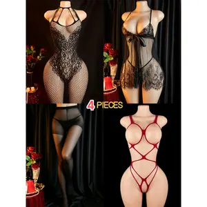 4 Pairs Black Lace Jumpsuit High Stretch Thigh High Pantyhose Elegant Women'S floral sexy lingerie set Exotic Socks naughty lace Sexy Pantyhose, fishnet Sexy Lace Splicing Lingerie Set Sheer Stockings Strapless Christmas Bodysuit seductive clothing Teddy