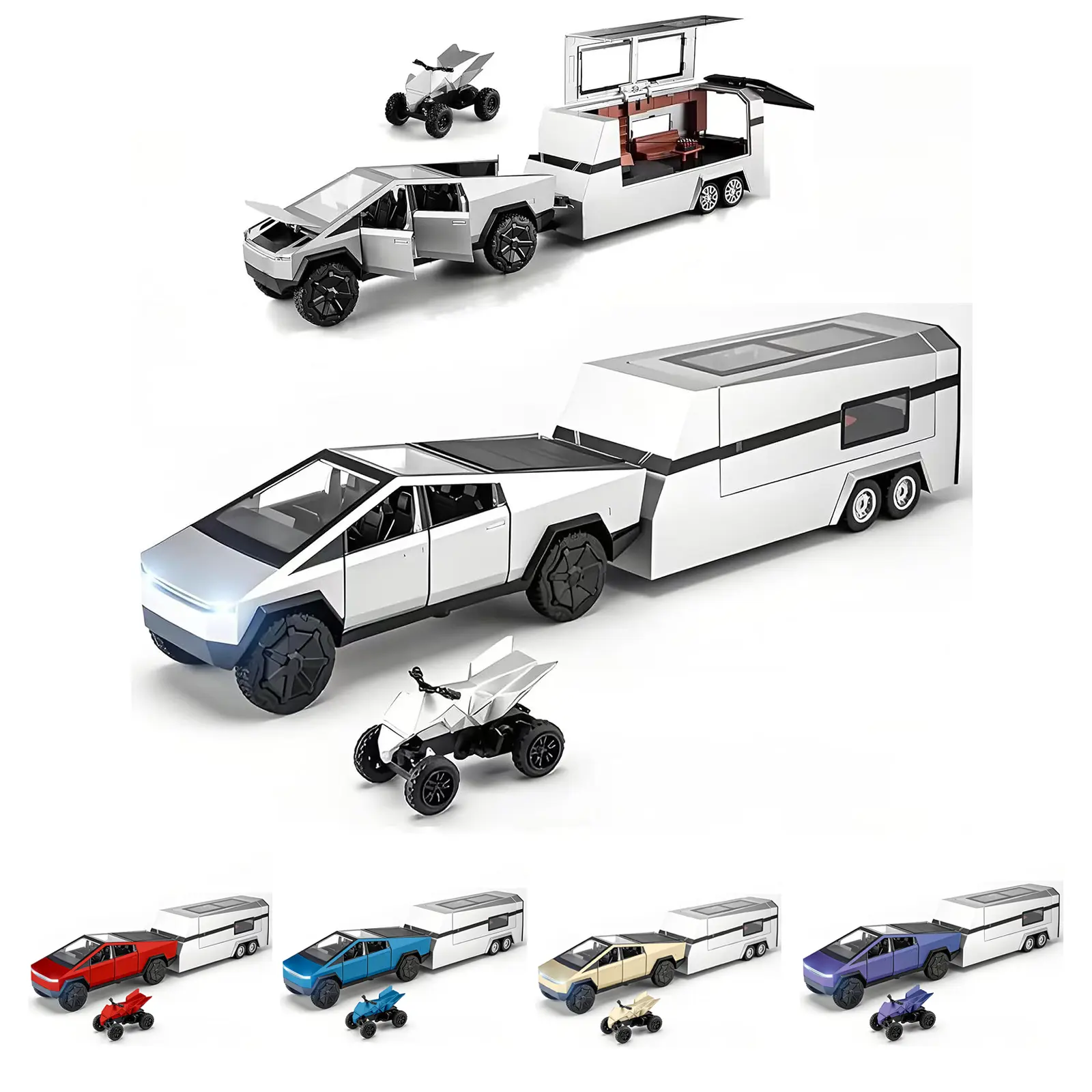 Cybertruck Toy Purple Gradient Alloy Die-Cast Car Model with RV & ATV Motorcycle Toy Series, Race Car & Pickup Pull Back Toy Car