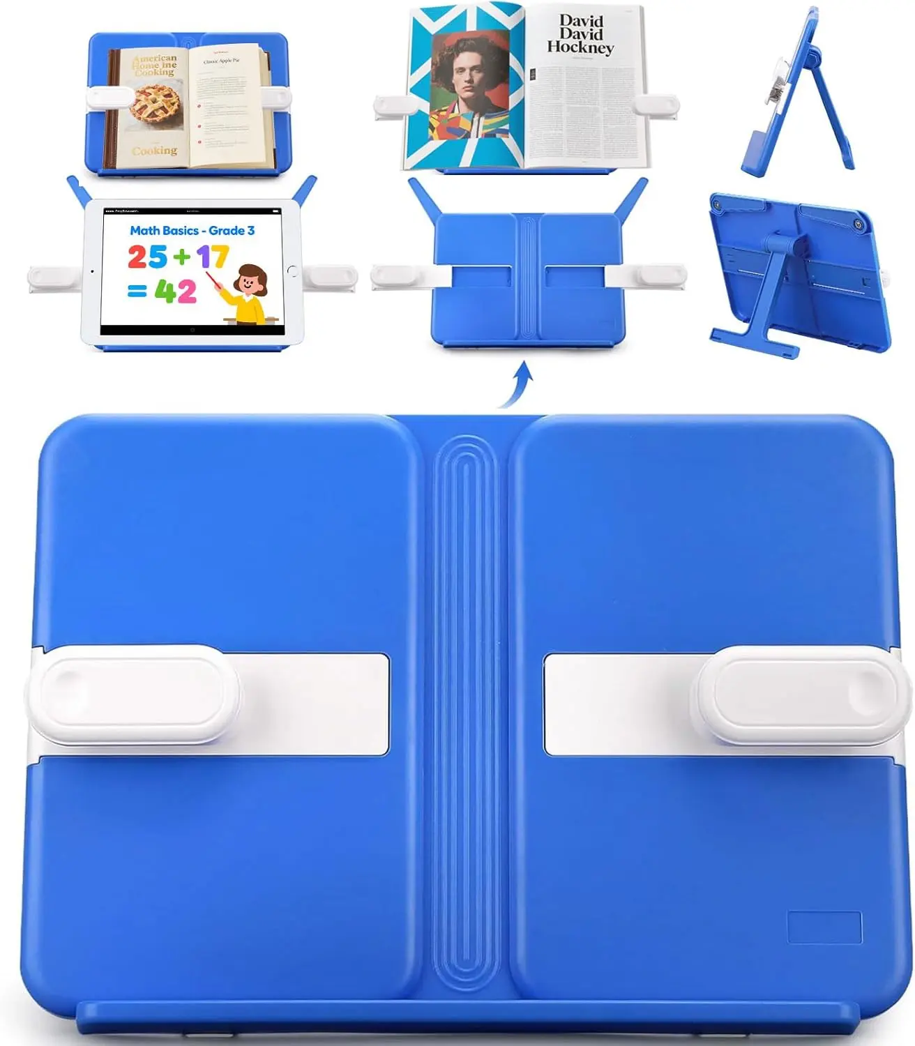 Cookbook Stand, Adjustable Foldable Recipe Book Holder for Kitchen, Desktop Reading Stand for Textbooks, Tablets, Music Scores, Ergonomic Lightweight Book Rack with Page Clips (Blue)
