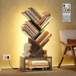 3 Tier Tree Bookshelf with LED Lights, Small Bookcase with Drawer, Desktop Organizer Book Shelf, Display Floor Standing Storage Shelf, for Living Room, Bedroom, Office, Greige
