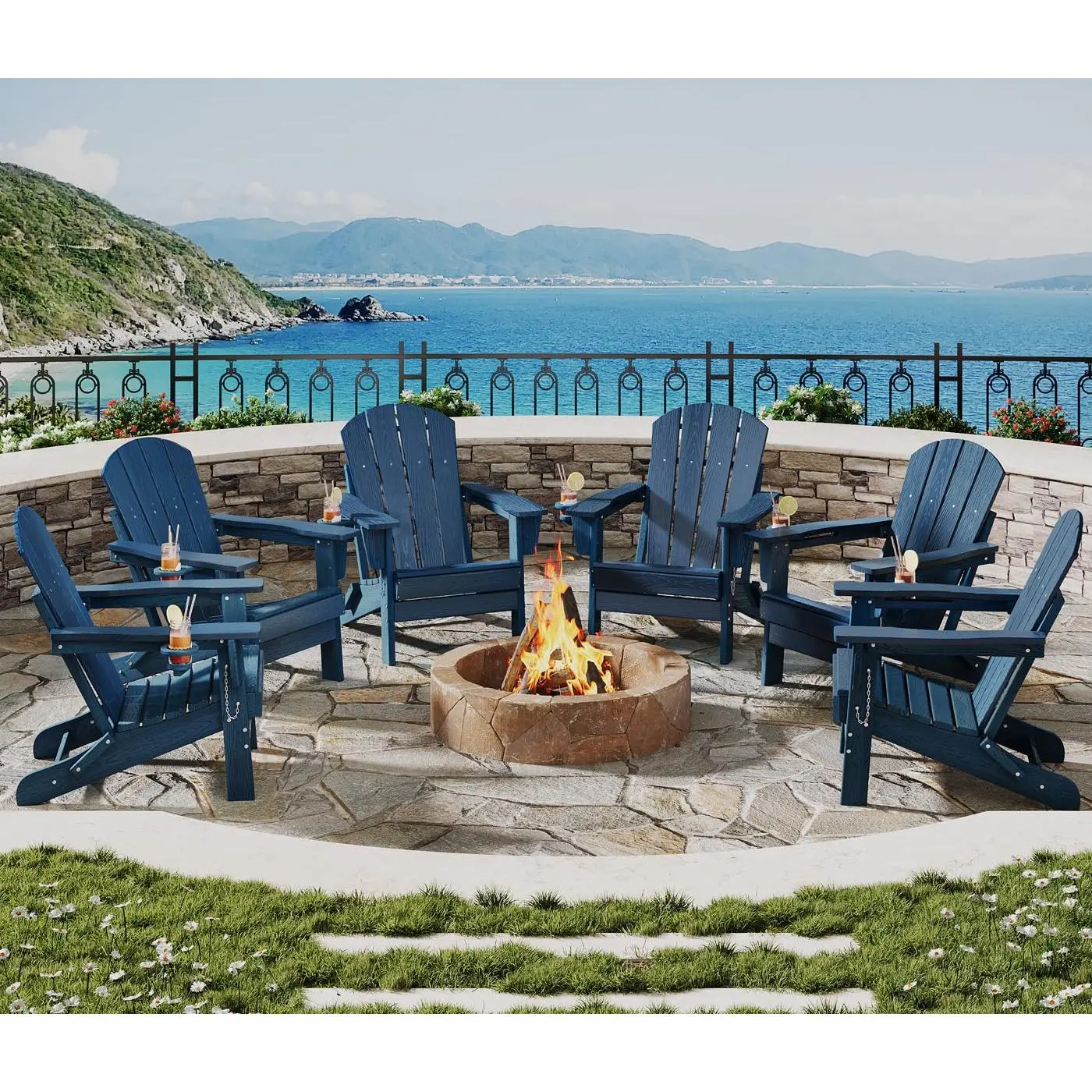6-Piece Folding HDPE Plastic Adirondack Chair Set, All-Weather Wood Grain Outdoor Chairs with Cup Holders & Wide Arms, Navy Blue for Patios, Decks, 30X29x35.5"