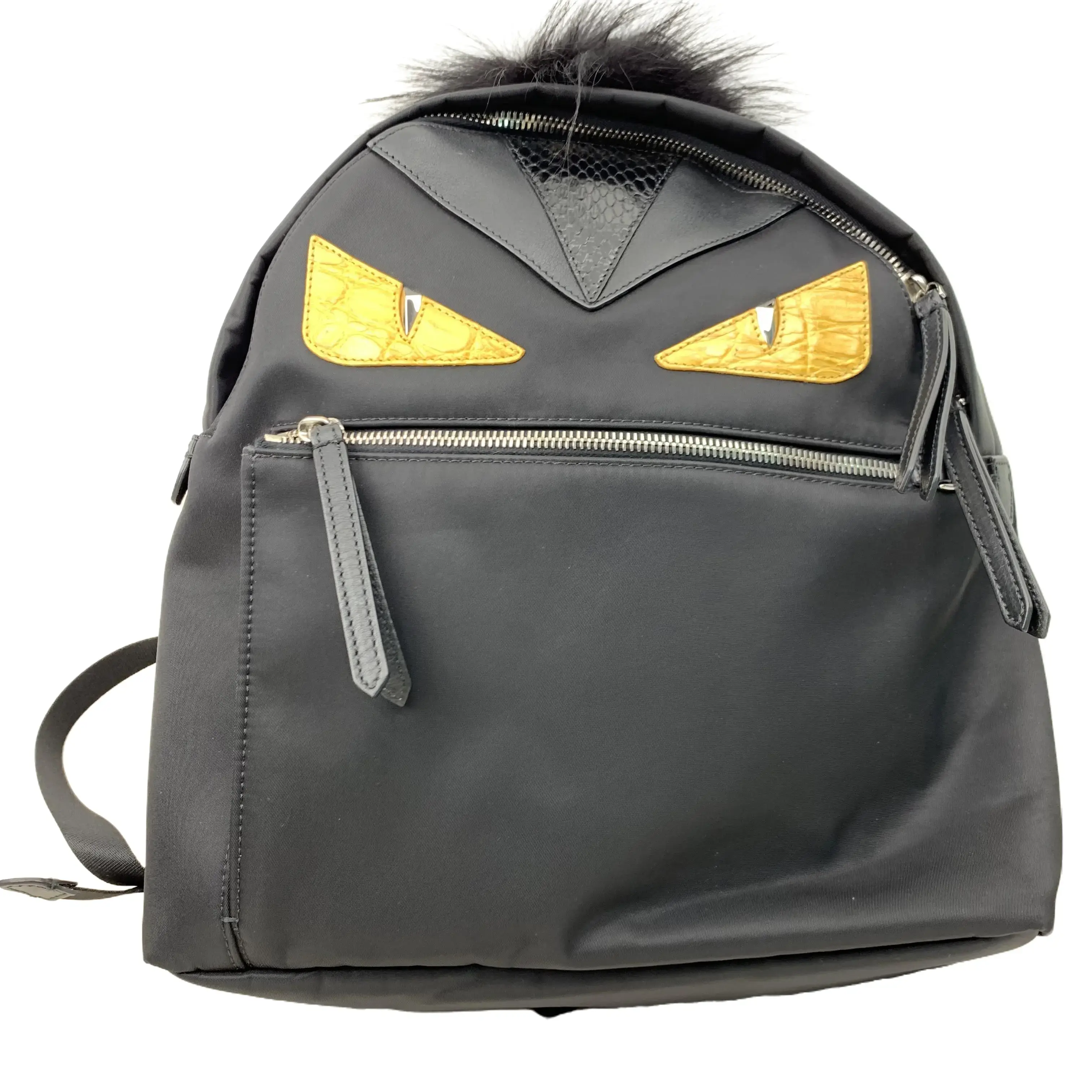 Pre-owned FENDI Monster Eyes Black Nylon Backpack with Fluffy Fur Pom Pom TKB00000239
