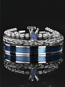 Men's Crown Bangle - Contrast Colour Hemp Rope Buckle Open Stainless Steel Micro Pave CZ Jewelry