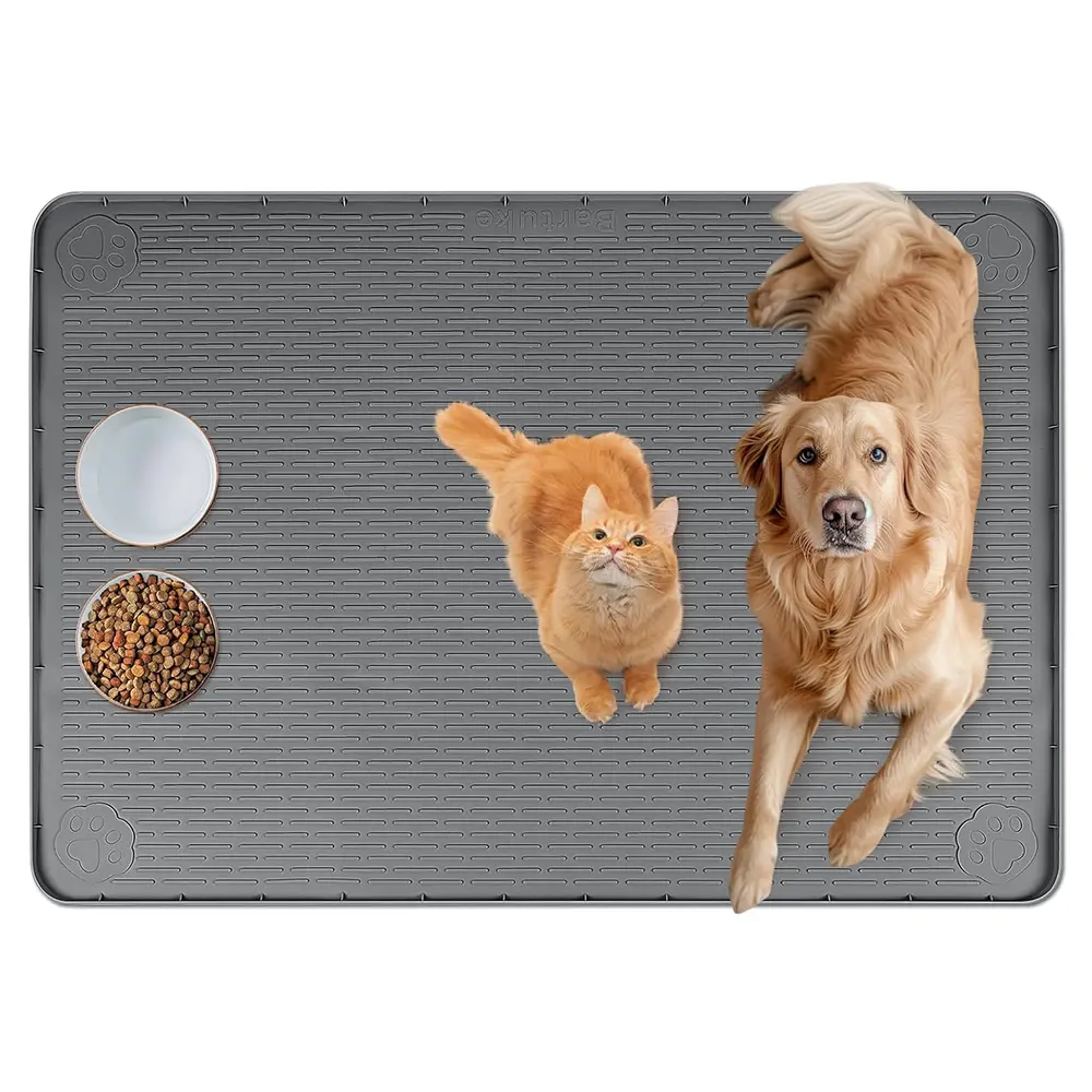 Cat Food Mat, Extra Large Silicone Pet Feeding Mat with Raised Edge Pet Placemat for Food and Water Bowl Non-Slip, Easy to Clean, Floor Protection - Dark Gray
