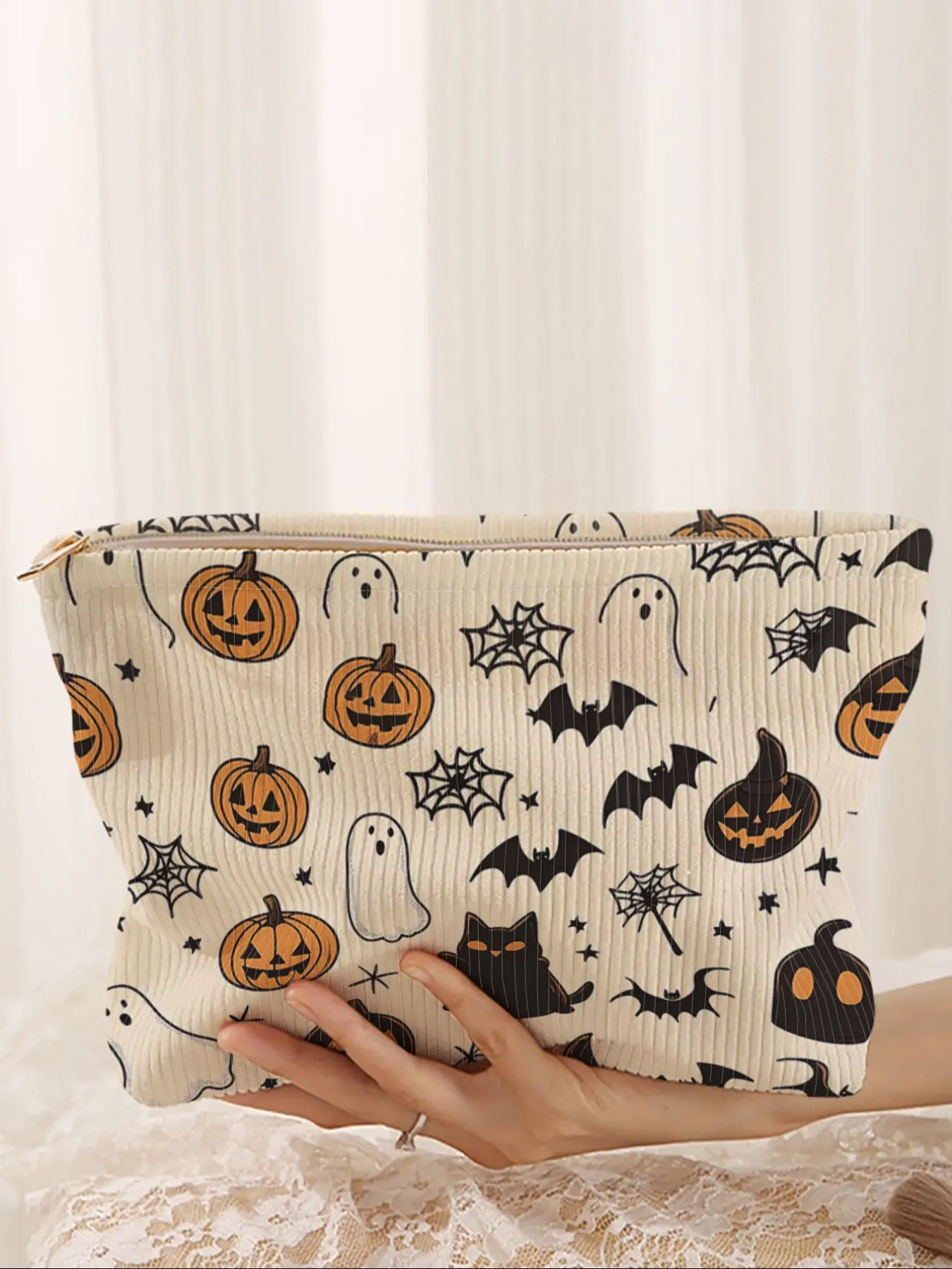 Halloween Print Velvet Makeup Bag, Cartoon Style, Cute Lightweight Multi-Functional Fashion Casual Cosmetic Pouch for Travel & All Occasions, Cosmetic Travel Bags