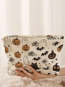 Halloween Print Velvet Makeup Bag, Cartoon Style, Cute Lightweight Multi-Functional Fashion Casual Cosmetic Pouch, Handheld Cosmetic Pouch, Makeup Organizer Pouch for Travel & All Occasions