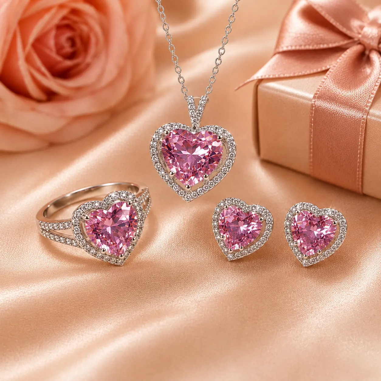 Women's 3-Piece Pink Heart-Shaped Jewelry Set (includes necklace, earrings, and adjustable ring) — an ideal gift for birthdays, anniversaries, and Valentine's Day.
