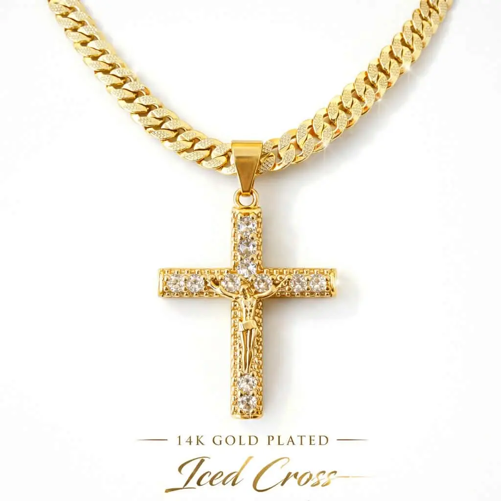 14k Gold Plated Cuban Upgraded Chain 20" 24" 6mm Religious Crucifix Jesus Christ Cross Pendant Iced Brass with CZ Diamonds for Hip Hop Jewelry Big Crucifix