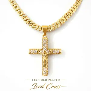 14k Gold Plated Cuban Upgraded Chain 20" 24" 6mm Religious Crucifix Jesus Christ Cross Pendant Iced Brass with CZ Diamonds for Hip Hop Jewelry Big Crucifix