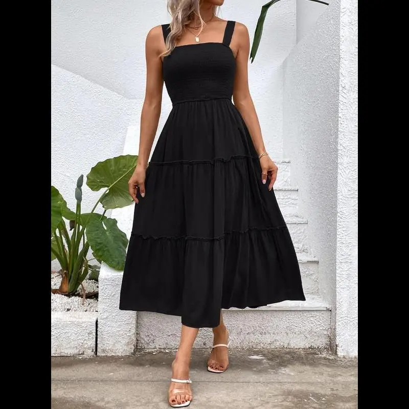 Women's Frill Trim Ruffle Hem Shirred Backless Fitted Sundress Cami Dress,  Sleeveless A Line Long Dress,