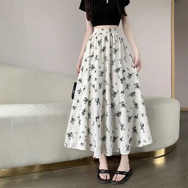 2026 New Women's High Waist Floral Midi Skirt, Black & White Printed Pleated Swing Skirt with Liner, Slim-Fit Korean Style Skirt for Petite Ladies