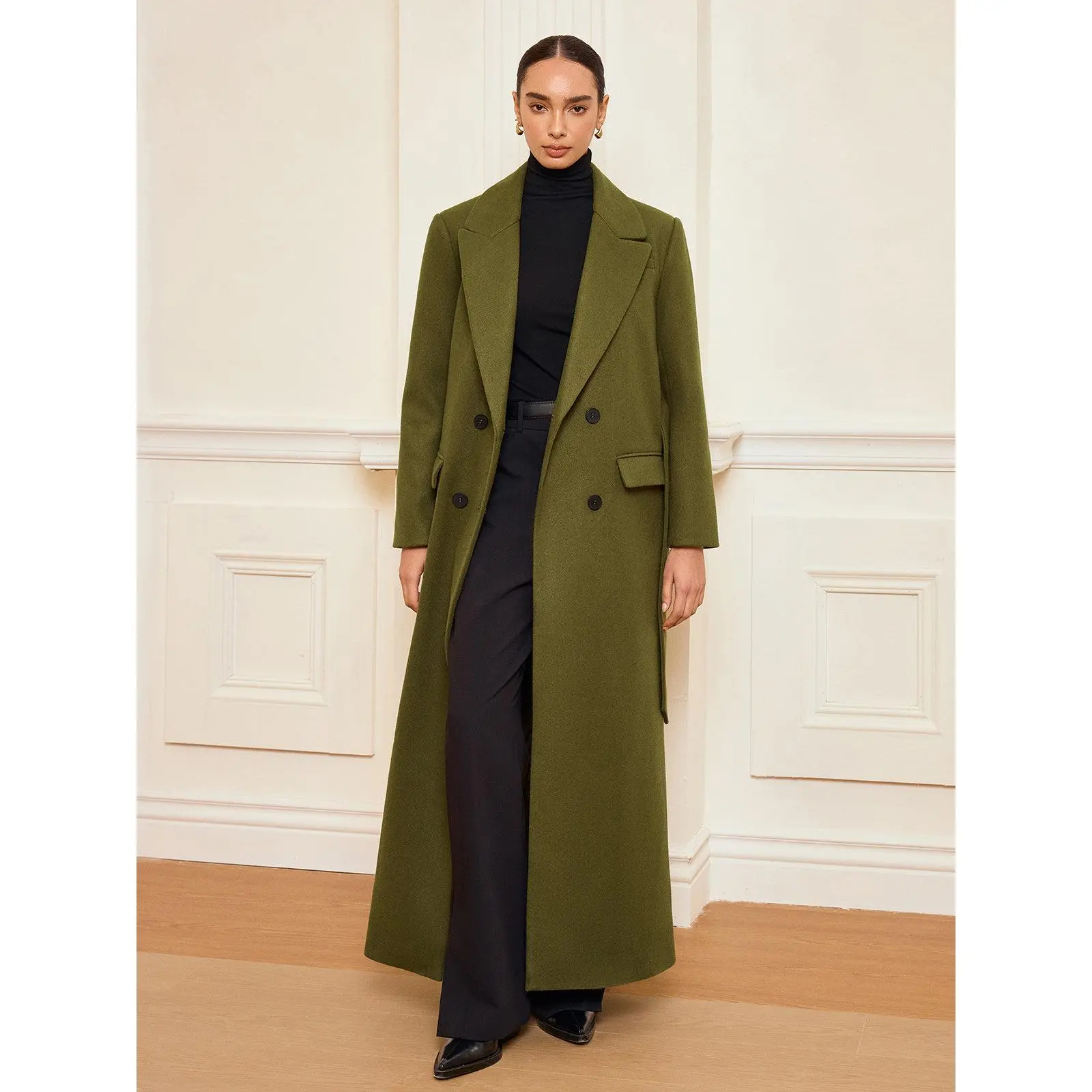 Double-Breasted Belted Long Coat