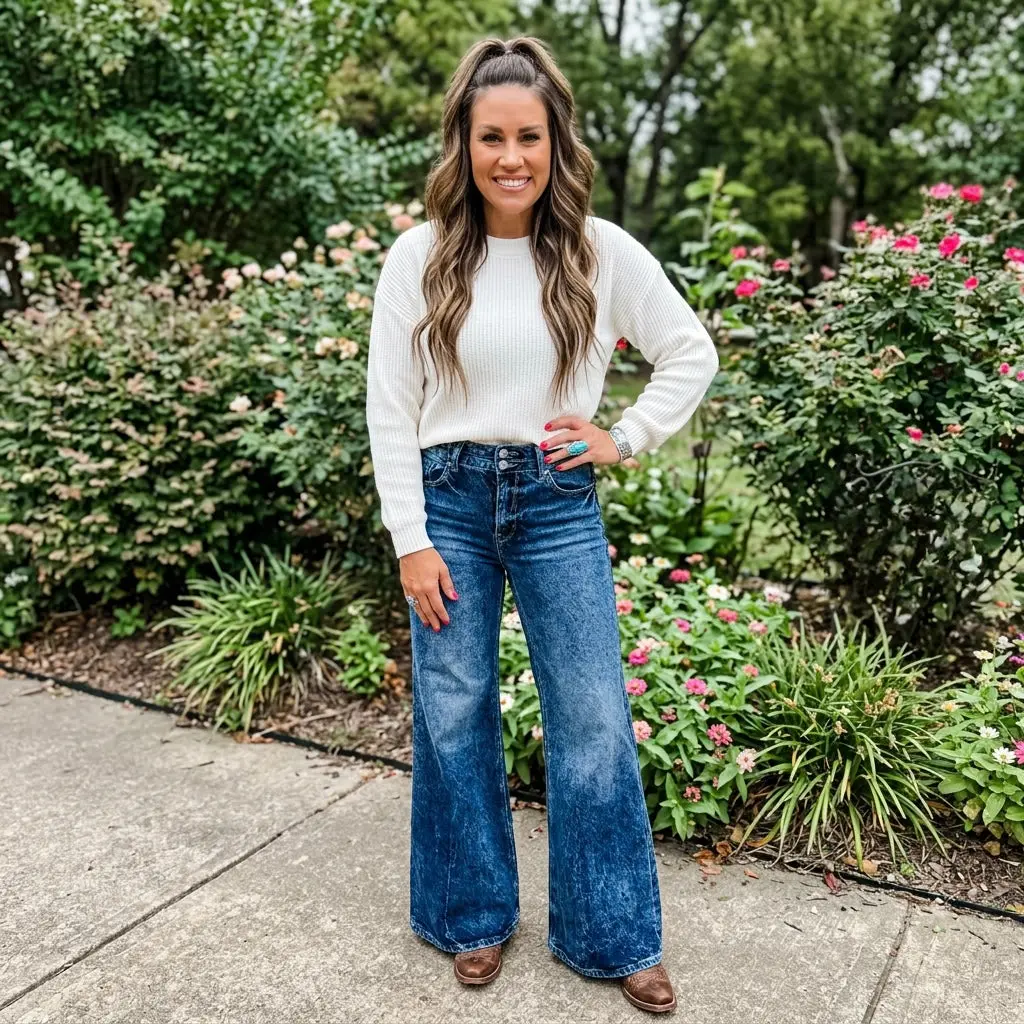 Acid Wash Pocket Detail Flare Jeans