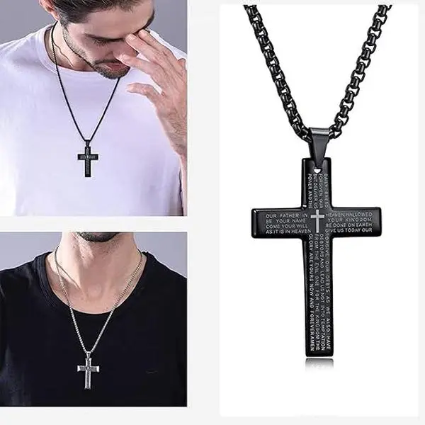 Black Silver  Engraved Cross Pendant Necklace with  Chain, Minimalist Statement Jewelry for Men Women