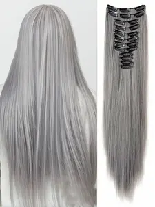 Clip In Hair Extensions Grey Color 24 Inch 12 PCS Set Long Straight Hair Extension Synthetic Hairpieces For Women Girls Daily Use