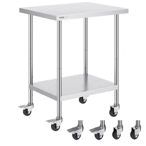 VEVOR Stainless Steel Work Table (24x30x38 in) - Smooth, Heavy Duty Food Prep Table with 4 Wheels, 3 Adjustable Height Levels, Kitchen Rack Shelf Organiser for Commercial Kitchen, Garage