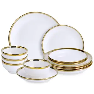 12 Pieces Porcelain Dinnerware with Gold Rim,Stoneware Plates and Bowls Sets Service for 4,Handmade Ceramic Dish Set, Highly Chip and Crack Resistant Modern Plate Set, Deep-well plate series