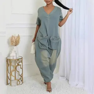 Women's Vintage Loose Baggy Cargo Denim Jumpsuit Short Sleeve V-Neck Washed Distressed Zipper Wide Leg Rompers with Pockets Overalls Pants