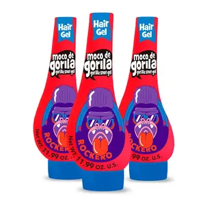 Moco de Gorila, Explosive Rocker Hair Styling Gel, Long-Lasting Hold, Reactivatable with water, 3-Pack of 11.92 Oz Each, 3 Squeezable Bottles.