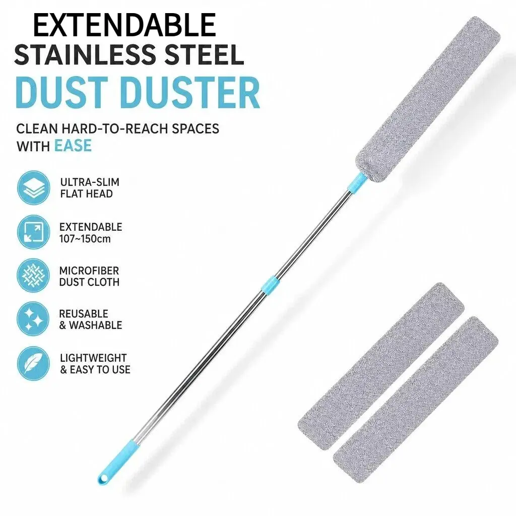 Extendable Gap Dust Duster Set - 14-59in Telescopic Stainless Steel Pole, Microfiber Cleaning Heads, Ultra-Thin Slit Cleaning, Static Adsorption for Ceiling Fan/Under Bed/Appliances, Washable (1 Pole + 2 Covers)