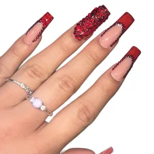 24PCS Luxurious Red French Tip Acrylic Press-On Nails with Glitter Accents and Elegant Design for Stylish Look