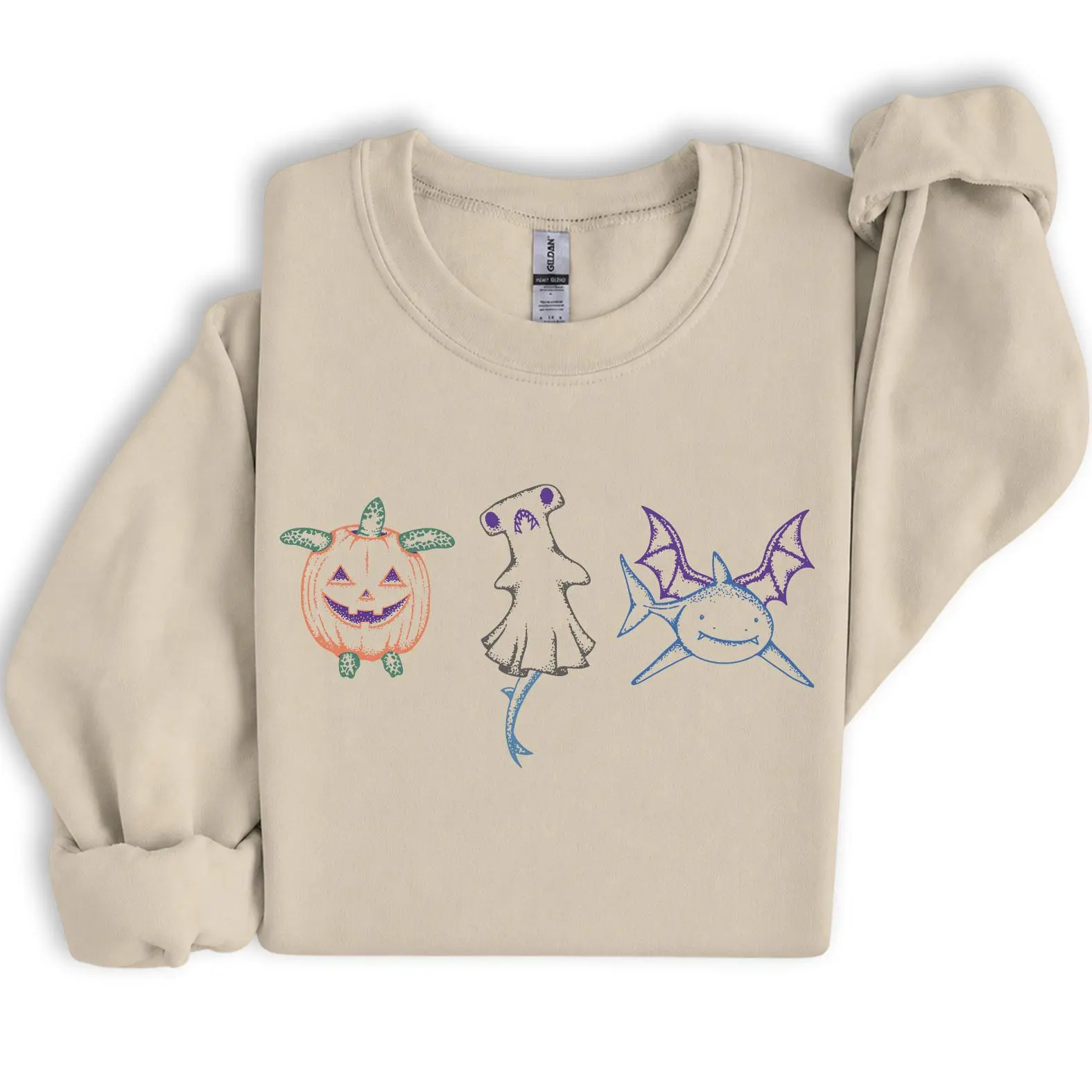 Gildan Unisex Halloween Shark Crewneck Sweatshirt, Ghost Hammerhead & Turtle Graphic Pullover, Spooky Ocean Animal Lover Gift