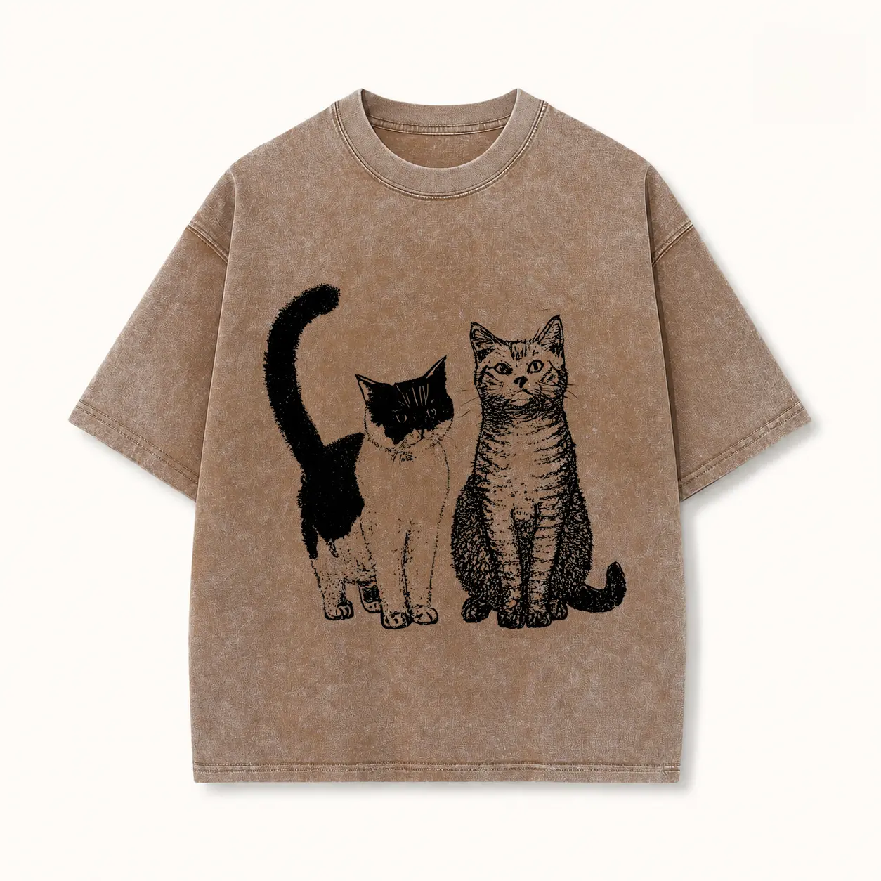 Men's Graphic T-Shirt with Cartoon Cat Print, Washed Streetwear Shortsleeve Tee, Heavyweight 230G Round Neck Menswear Top, Layer, Day, Fabric, Loose, Soft, Cargo, Tshirt