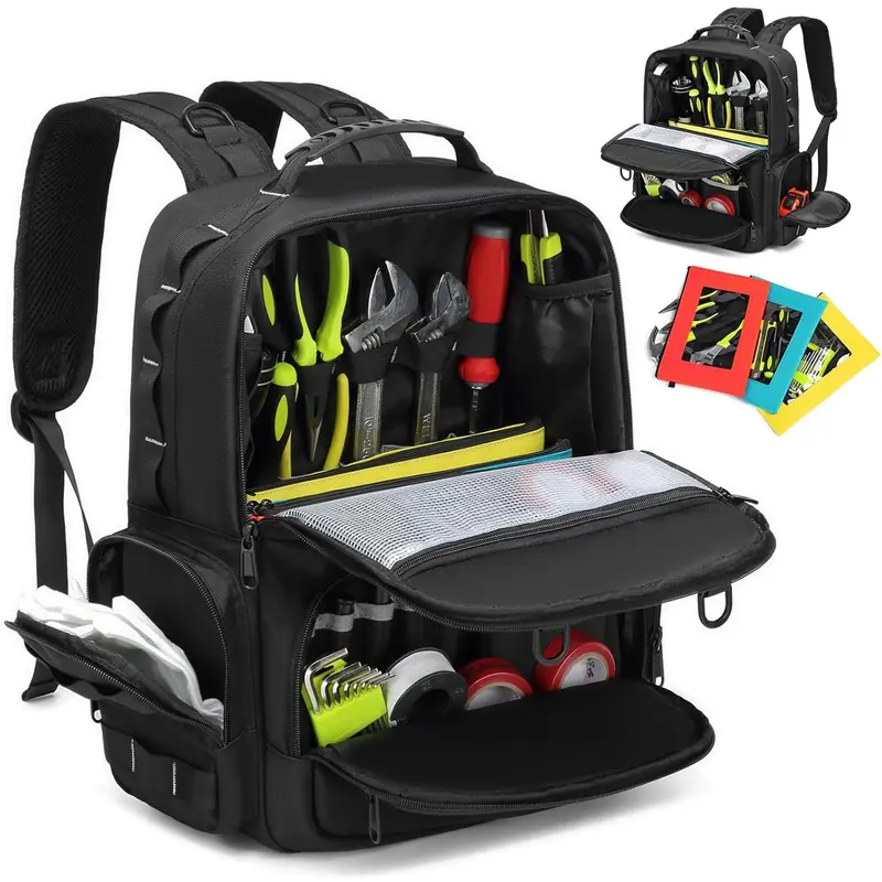 Tool Backpack,Heavy Duty Tool Bags for Men,Tool Storage Organizer Bag With 3 Tool Pouches for Electrician/Industrial/Construction/Tactical/Hvac Techs/Repairman Work
