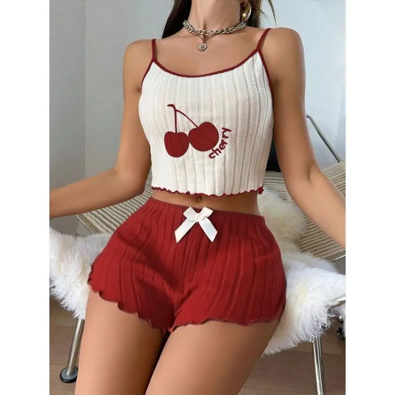 Sexy Ribbed Knit Spaghetti Strap 2-Piece Pajama Set - Women's 2026 Summer Fall Stylish Casual Loungewear Soft Home Sleepwear