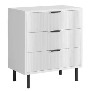 Wave Fluted 3 Drawer Dresser  Tall Wood Nightstand with Storage and Metal Legs  28'' Wide Chest of Drawers with Anti-Tipping Device for Bedroom  Hallway  Entryway  Small Spaces  White