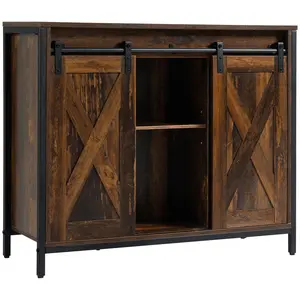 HOMCOM Industrial Sideboard Buffet Cabinet, Coffee Bar Cabinet, Kitchen Cabinet with Sliding Barn Doors, Storage Cabinets and Adjustable Shelves for Living Room, Home Bar, Rustic Brown