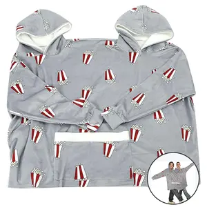 Couple Pajamas Funny Popcorn Flannel Matching Pajamas Oversized Hooded Sweatshirts with Pockets Unique Christmas Gift for Couples - Grey