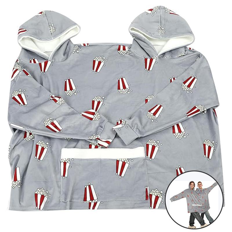 Couple Pajamas Funny Popcorn Flannel Matching Pajamas Oversized Hooded Sweatshirts with Pockets Unique Christmas Gift for Couples - Grey