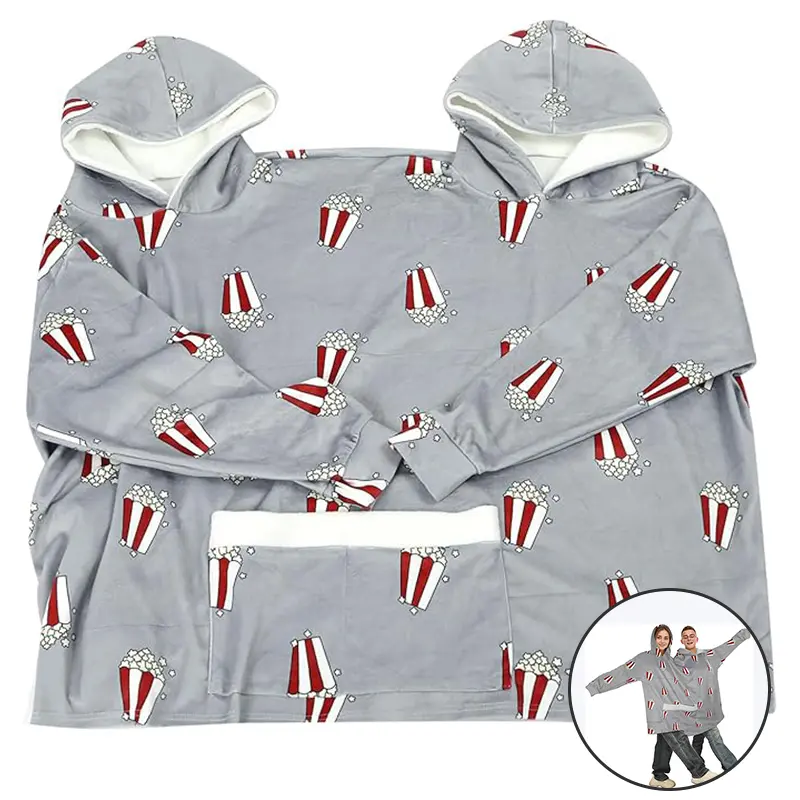 Couple Pajamas Funny Popcorn Flannel Matching Pajamas Oversized Hooded Sweatshirts with Pockets Unique Christmas Gift for Couples - Grey