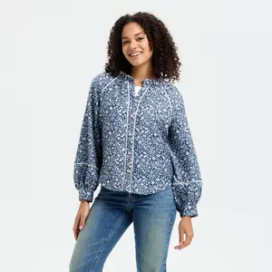 Women's Balloon Long Sleeve Lace Trim Button-Front Blouse - Universal Thread Blue Floral XXL