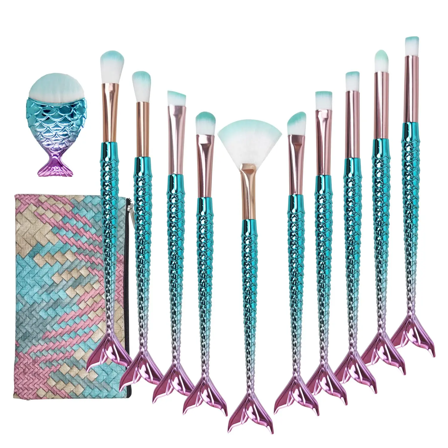 Mermaid Makeup Brush Set – 11pcs Colorful Brushes + Bag | Soft Bristles for Face, Eyes & More
