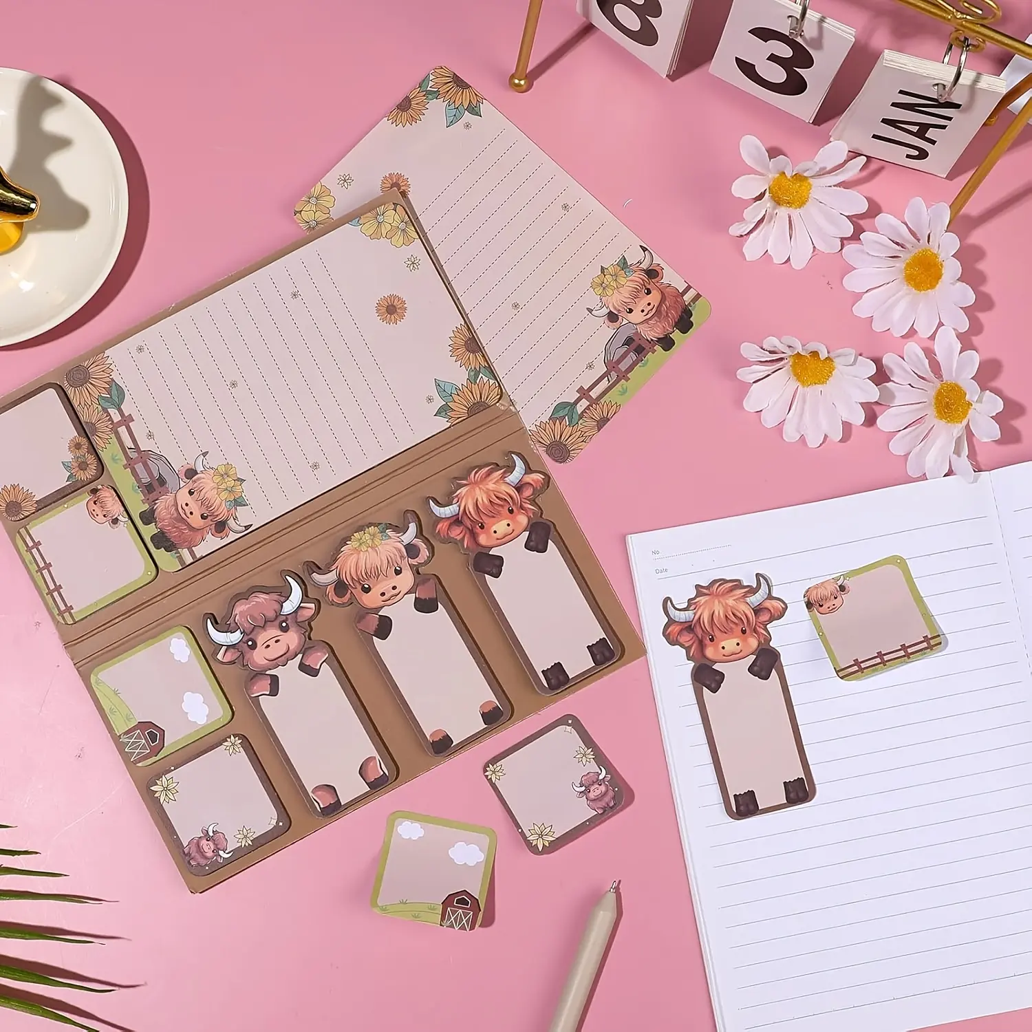 Highland Cattle Sticky Notes Set, 8 Unique Self-Adhesive Animal Note Pads, Adhesive Tabs & Multifunctional Cartoon Marker Pens, Bookmarks, Book Accessories, Ideal Birthday Gifts, Office Supplies