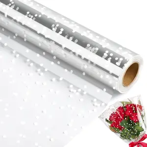 100ft x 34in Extra Wide Clear Cellophane Wrap Roll 2.5 Mil Thick Transparent Plastic with White Snow Dots Food Grade for Bouquet Baskets Gifts Crafts Treats Wrapping 34" Fold into 17"