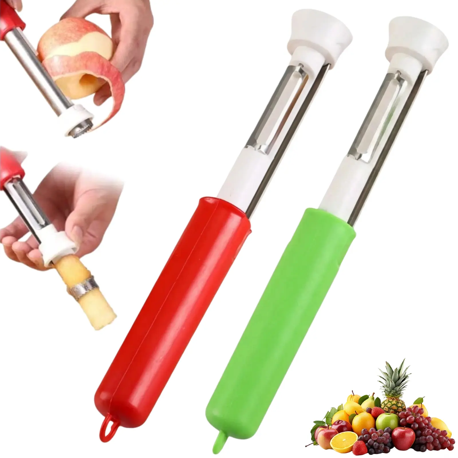 2-in-1 Sturdy Durable Fruit Tool, Stainless Steel Kitchen Utensils with Blade & Plastic Handle, Multifunctional Fruit Vegetable Skin Remover & Seed Extractor, Available in Red & Green