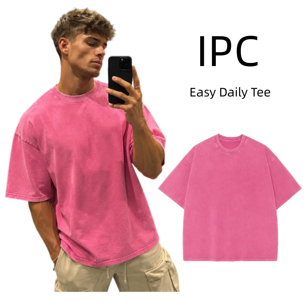 Men's Acid Wash T-Shirt - Basic Short-Sleeve Plain Loose Vintage Oversized Baggy Top, Heavyweight Cotton-Feel Fabric with Structured Drape for Gym, Streetwear