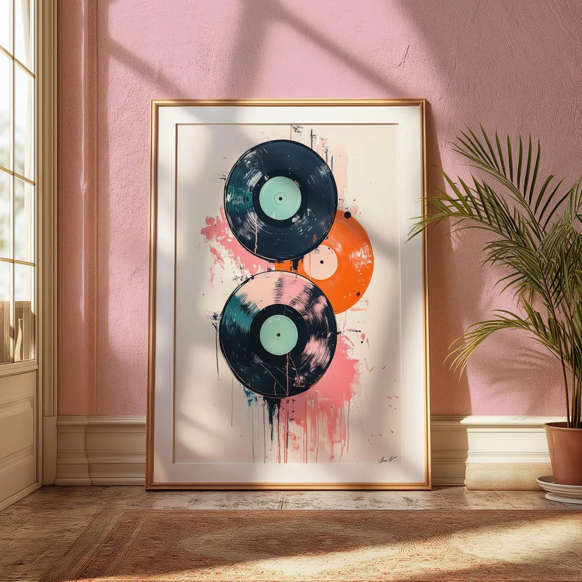 Retro Vinyl Printing - Pink, Orange, Green Teal Vinyl Records - Vintage Music Wall Decor - Colorful Record Player Print - Music Nook Art, Room Decor, Unframed