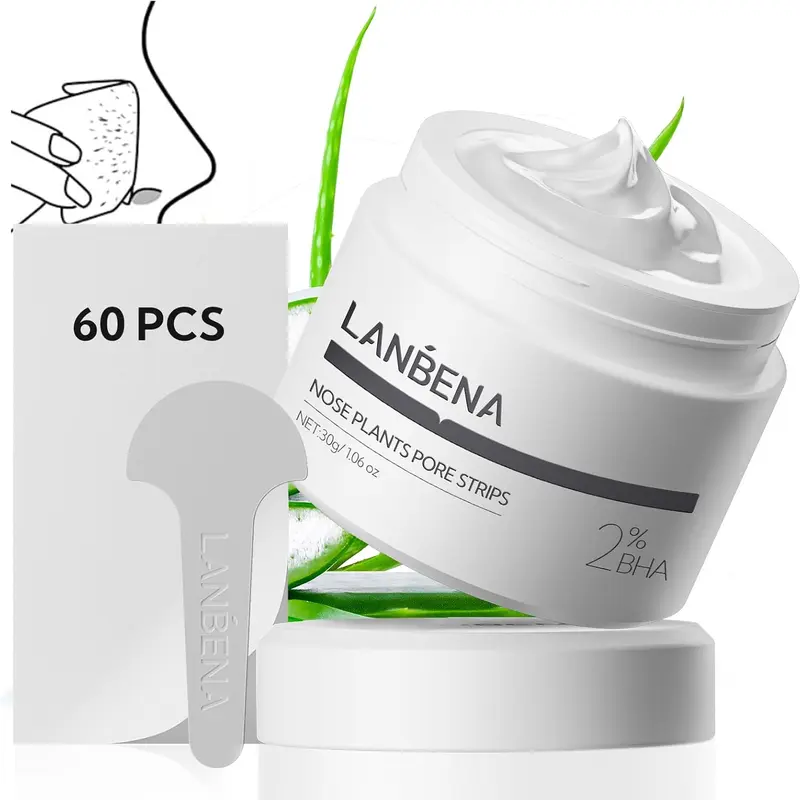 LANBENA Phyto Aloe Vera Blackhead Removal Solution Nose Strips - Single-Use Cleansing Exfoliating Facial Extraction Tool, Easy-to-Use Nasal Pore Treatment, 60 Sheets (30g)