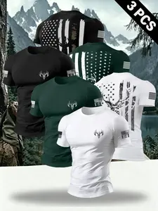 Men's Summer Classic Pattern Round Neck Fitted T-Shirt, Retro Camouflage Flag Design, Casual American Vintage Streetwear Style, Comfortable Daily Wear