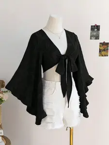 Soleia Y2K Boho Festival Wicker-Texture Tie Front Flare Sleeve Blouse – Brown Baddie Vibes