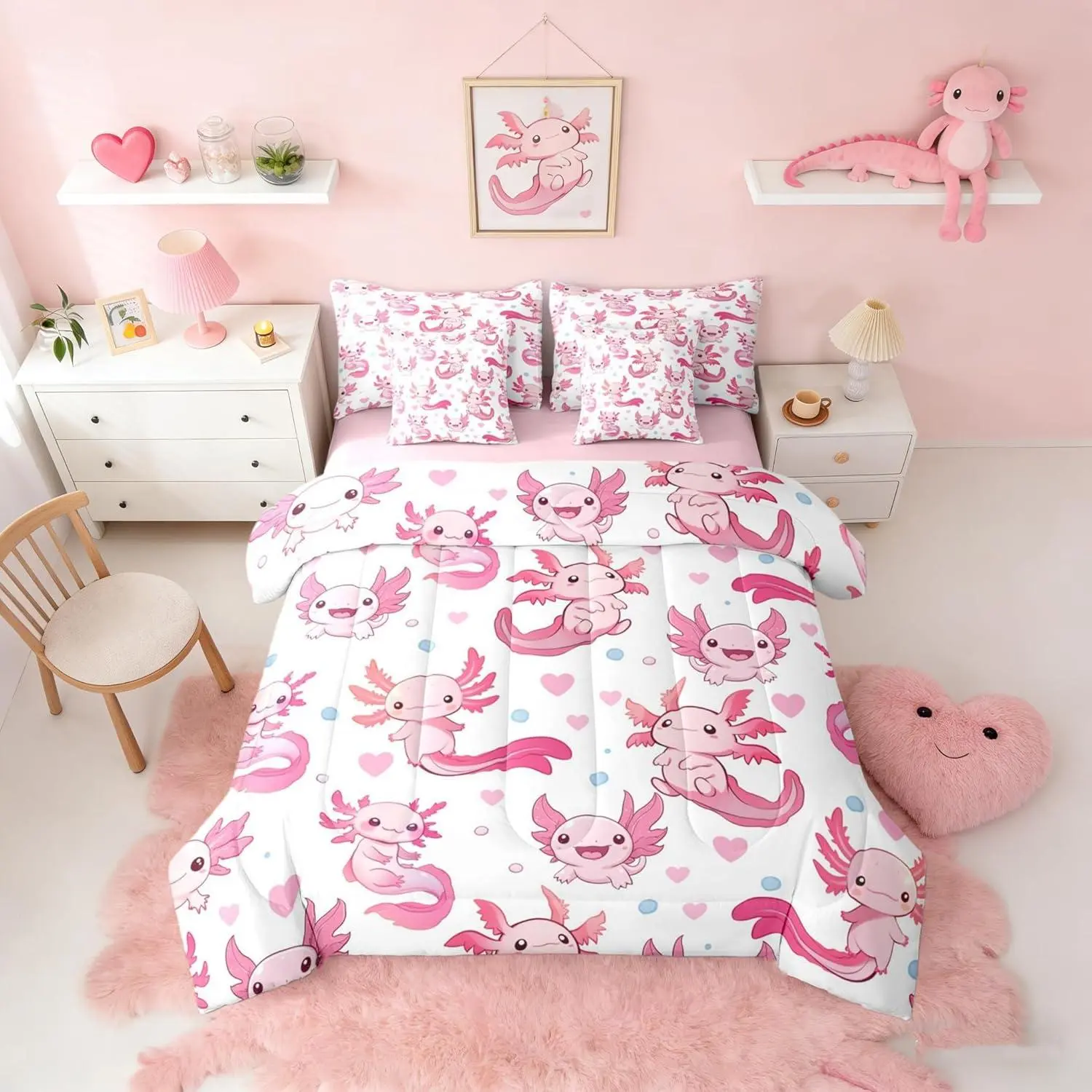 Kids Axolotl Comforter Set,7 Piece Cartoon Axolotl Bedding Set,Kawaii Pink Animals Bed In A Bag for Kid Girls Women Cute Red Love Heart Quilt with Flat Fitted Sheet Simple Blue Bubble
