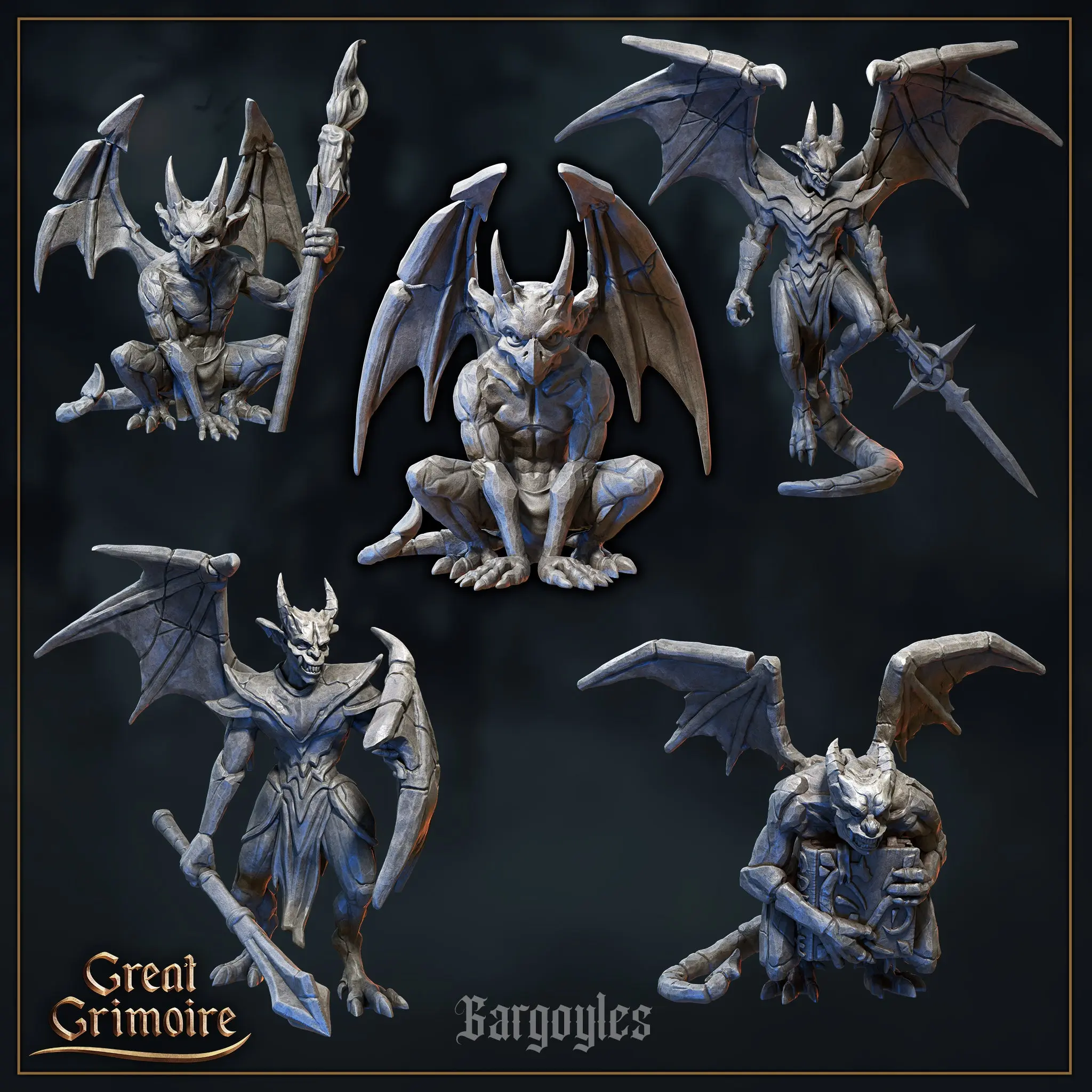 35mm Gargoyles - 5 styles - Cursed in Stone Series - Tabletop D&D Fantasy Resin Printed